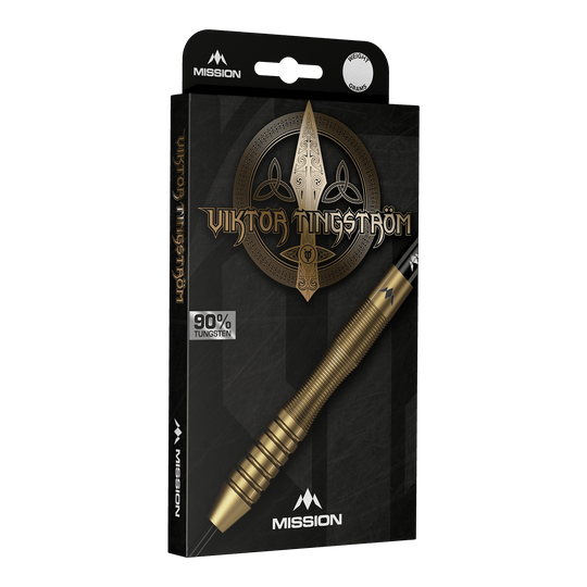Freccette Mission Viktor Tingstrom Gold Steel - 22 g Mission Viktor Tingstrom Gold Steeldarts - 22g, mehrere Dartpfeile werden präsentiert. Die goldene Farbgebung und das spezielle Design sind erkennbar.