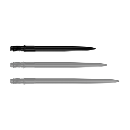 Mission R2.5 Rapid Point SM1 Dartspitzen - Schwarz Das Bild zeigt eine einzelne schwarze Dartspitze mit einer Länge von 30 mm. Die Spitze ist für den Einsatz in Darts gedacht.