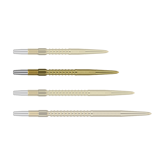 Puntas de dardos Target Swiss Firepoint Gold Das Bild zeigt vier goldfarbene Dartspitzen, die nebeneinander liegen. Die Spitzen haben einen silbernen Ansatz und eine gerillte Struktur.