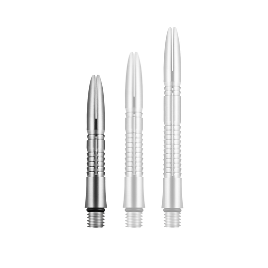 Aste Shot Mako Titanium Das Bild zeigt drei silberne Dartschäfte aus Titan in unterschiedlichen Längen. Sie haben ein geripptes Design und ein Schraubgewinde am unteren Ende.