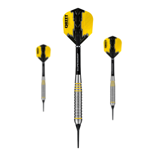 Harrows Dave Chisnall Chizzy Brass Softdarts Das Bild zeigt drei Harrows Dave Chisnall Chizzy Brass Softdarts. Die Pfeile haben gelb-schwarze Flights und einen geriffelten silbernen Barrel.