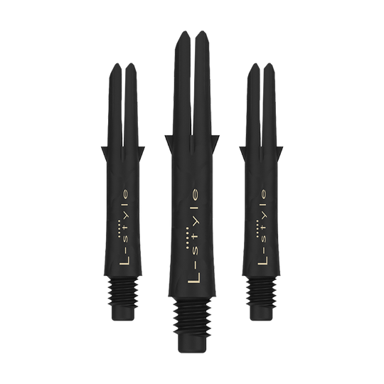 Wałki karbonowe w stylu L Das Bild zeigt drei schwarze Carbon Shafts für Dartpfeile der Marke L-Style. Die Shafts sind ohne Kappen und besitzen eine goldene Schrift.