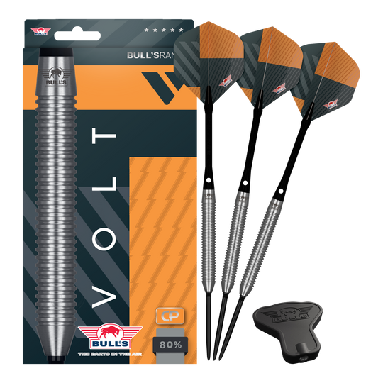 Šipky Bulls NL Volt Orange Convertible Point Steel Darts Zu sehen sind Bulls NL Volt Orange Convertible Point Steeldarts. Dargestellt ist das vollständige Darts-Set.