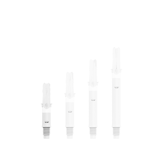 L-Style L-Shafts Silent Straight - Weiß 130 Auf dem Bild sind vier weiße Dart-Schäfte in unterschiedlichen Längen zu sehen. Sie stehen nebeneinander auf weißem Hintergrund.
