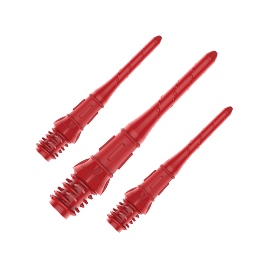 Premium Lippoints (30er Pack) - Spitzen Auf dem Bild sind drei rote Dartspitzen zu sehen. Sie sind schmal und haben ein Schraubgewinde am unteren Ende.