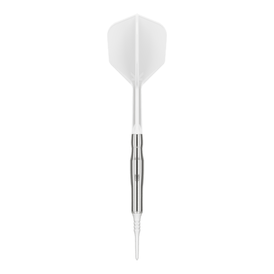 Freccette morbide Target Japan Crux Brave - 18,5 g Das Bild zeigt einen weißen Softdart mit silbernem Schaft. Es handelt sich um das Produkt "Target Japan Crux Brave Softdarts - 18,5g".