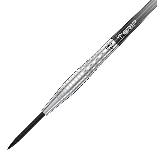 Bulls Martin Schindler Original Generation 2 freccette in acciaio Das Bild zeigt einen silbernen Steeldart der Marke Bulls, Modell Martin Schindler Original Generation 2. Der Dart hat eine gerillte Oberfläche für besseren Grip und eine schwarze Stahlspitze.