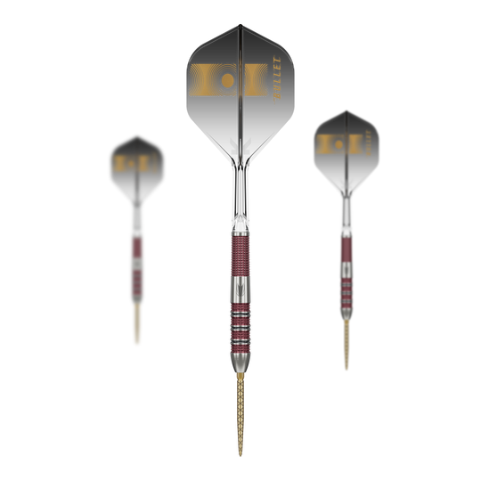 Dardos de acero Target Stephen Bunting 95K Swiss Point Das Bild zeigt drei Target Stephen Bunting 95K Swiss Point Steeldarts. Die Darts haben schwarze Flights mit goldenen Akzenten und einen rot-silbernen Griffbereich.