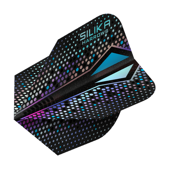 Harrows Silika Colourshift Tough Crystalline Coating Silver-X No6 Flights Dies ist ein Dartflight der Marke Harrows mit dem Namen „Silika Colourshift Tough Crystalline Coating Silver-X No6“. Das Design zeigt eine schwarze Oberfläche mit schimmernden, bunten Sechsecken und blauen Akzenten.