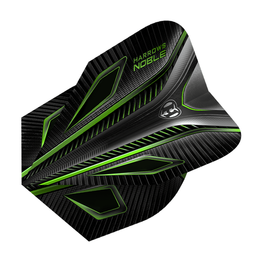 HR8_Harrows_Noble_Green_Standard_Flights_2 Das Bild zeigt ein Harrows Noble Green Standard Dart Flight. Das Flight ist überwiegend schwarz mit grünen und silbernen Akzenten und einem modernen, geometrischen Design.