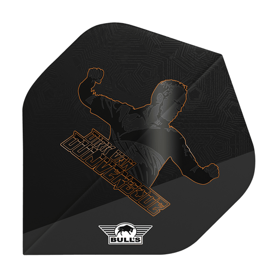 Bulls NL Player 100 Dirk Van Duijvenbode Edition 2 No2 Standardní lety Auf dem Bild ist ein schwarzes Dart-Flight mit einer Silhouette eines jubelnden Spielers und dem Namen "Dirk van Duijvenbode" zu sehen. Unten befindet sich das Logo der Marke "Bull's".