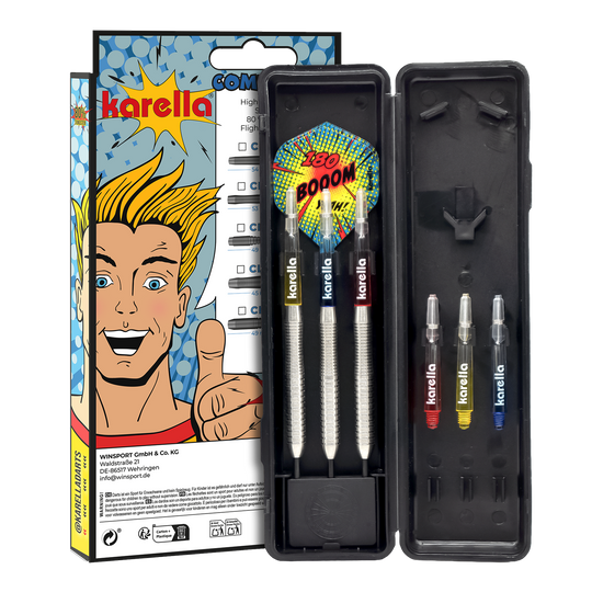 Dardos de acero Karella Comic Line CL-2 - 23 g Hier sind die Karella Comic Line CL-2 Steeldarts mit einem Gewicht von 23g abgebildet. Die Darts sind speziell für den Einsatz im Wettkampf gedacht.
