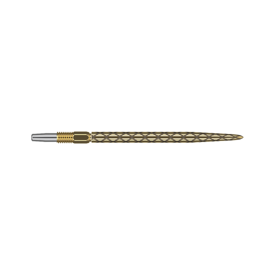 Target Swiss Diamond Pro Gold dart tips Dies ist eine goldfarbene Dartspitze mit einem rautenförmigen Muster. Die Spitze ist schlank und hat am hinteren Ende einen silbernen Anschluss.