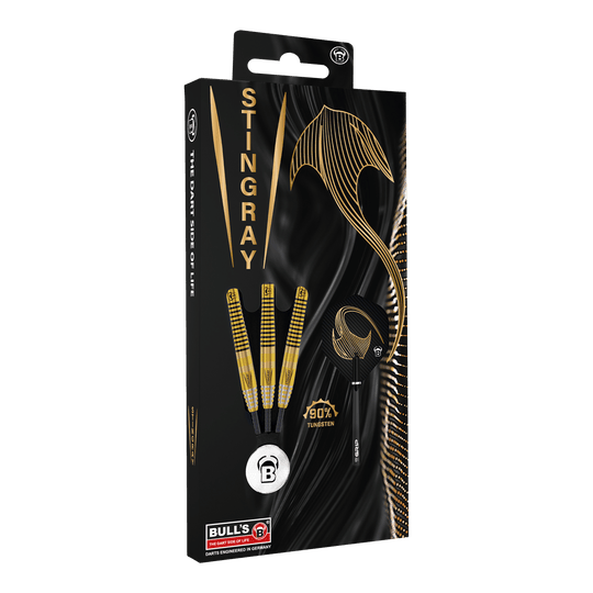 Dardos de acero Bulls Stingray ST3 Die Verpackung zeigt die Bulls Stingray ST3 Steeldarts mit einem stilvollen schwarzen und goldenen Design. Auf der Packung ist auch ein goldener Stachelrochen sowie der Hinweis "90% Tungsten" abgebildet.