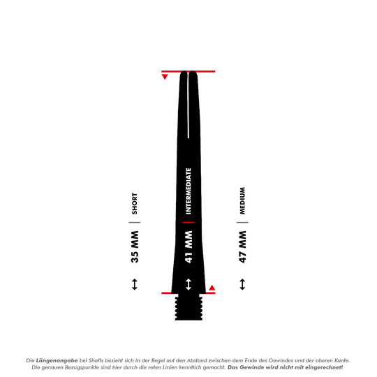 SM3809_Shot_Aluminium_Shafts_Black_5_41mm Das Bild zeigt einen schwarzen Aluminiumschaft für Darts mit Längenangaben. Die Länge des abgebildeten Schafts beträgt 41 mm (Intermediate), gemessen ohne das Gewinde.
