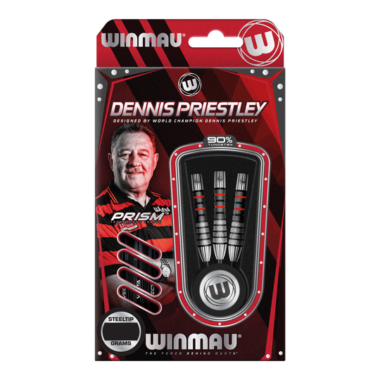 Ocelové šipky Winmau Dennis Priestley Diamond 3-Zero Das Bild zeigt die Verpackung der Winmau Dennis Priestley Diamond 3-Zero Steeldarts. In der Packung sind drei hochwertige Steeldarts aus 90% Tungsten zu sehen.