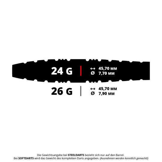 Dardos de acero Red Dragon Paradym Torpedo Das Bild zeigt die Spezifikationen von Steeldarts mit den Gewichten 24 g und 26 g. Die Länge beträgt jeweils 45,70 mm, der Durchmesser beträgt 7,70 mm für 24 g und 7,90 mm für 26 g.