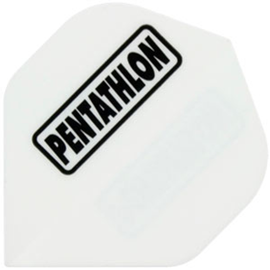 p11 Das Bild zeigt das Produkt "Pentathlon Flights P11". Es ist ein weißes Dartflight mit dem schwarzen Schriftzug "PENTATHLON" darauf.
