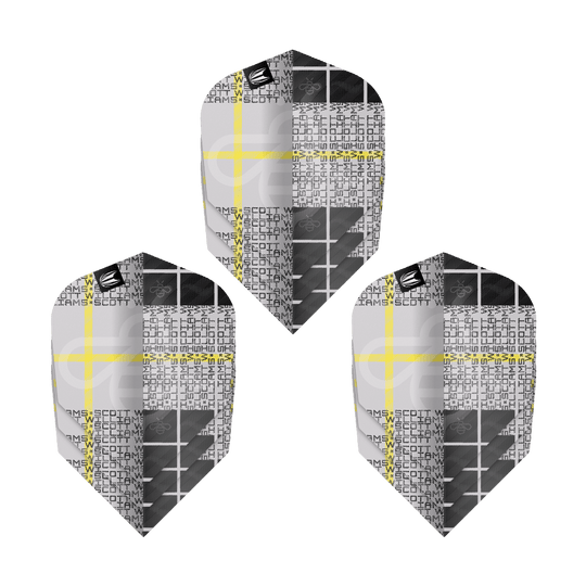 Das Bild zeigt drei Sets der Target Pro Ultra Scott Williams GEN2 No6 Flights. Die Flights sind in einem modernen Design mit Schwarz, Weiß und Gelb gehalten.