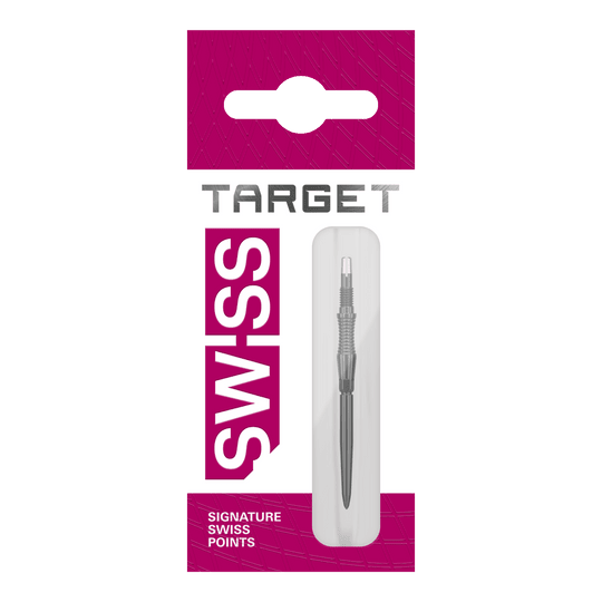 Hier sieht man schwarze Dartspitzen von Target Swiss Point in Signature RST-Ausführung mit 35mm Länge. Das Bild zeigt die Spitzen aus einer anderen Perspektive.