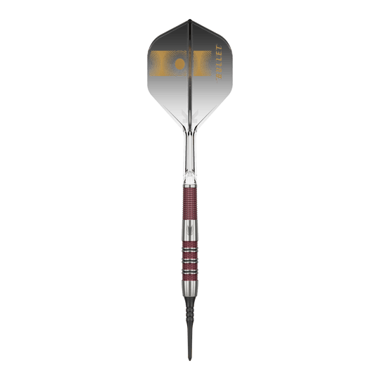 Dardos blandos Target Stephen Bunting 95K - 19 g Das Bild zeigt einen Target Stephen Bunting 95K Softdart mit einem Gewicht von 19 Gramm. Der Dart hat ein elegantes schwarzes und silbernes Design mit roten Griffbereichen und einer schwarzen Flight mit goldenen Akzenten.
