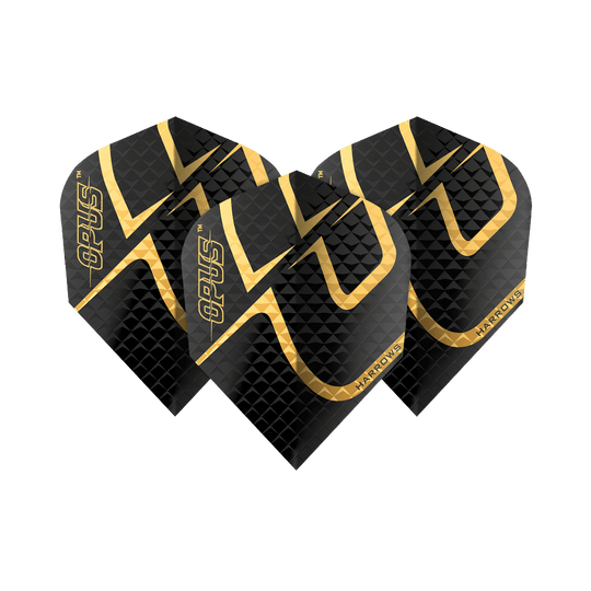 Lety Harrow's Opus verze 2 Das Bild zeigt die Harrows Opus Version 2 Flights, die für Dartpfeile verwendet werden. Sie sind schwarz mit einem goldenen Muster und dem Schriftzug "Opus" und "Harrows" darauf.