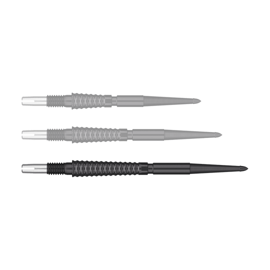 Target Swiss Storm LNC dart tips - Black Auf dem Bild sind drei schwarze Dartspitzen mit Metallenden zu sehen. Sie liegen nebeneinander auf einem neutralen Hintergrund.