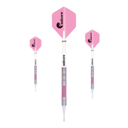 Miękkie rzutki Unicorn Autograf - 19g Das Bild zeigt drei Softdarts des Produkts "Unicorn Autograph Softdarts - 19g". Die Darts haben pinke Flights und einen silber-weißen Schaft mit pinken Akzenten.