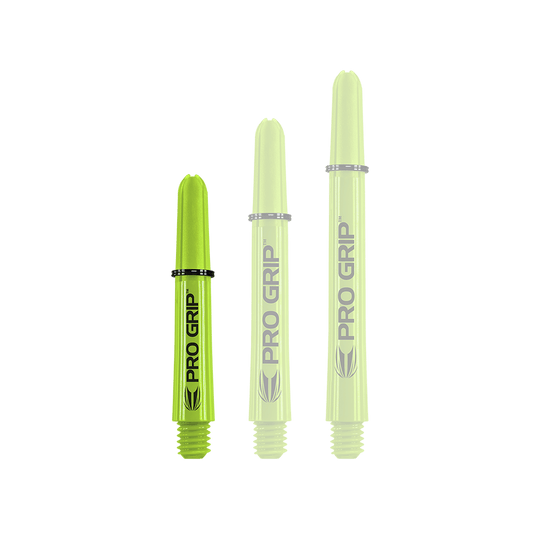 Target Pro Grip Shafts - 3 sady - Lime Green Das Bild zeigt drei limegrüne Pro Grip Shafts in unterschiedlicher Länge. Auf jedem Schaft steht gut sichtbar der Schriftzug "PRO GRIP".
