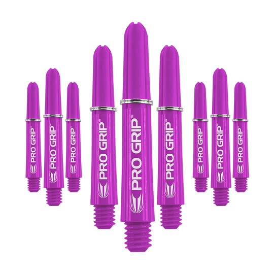 Tiges Target Pro Grip - 3 jeux - Violet Das Bild zeigt neun lilafarbene Dartschäfte mit der Aufschrift "PRO GRIP". Sie sind in einer Reihe angeordnet und haben kleine silberne Ringe.