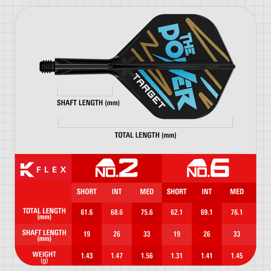Systém standardní letové hřídele Target K-Flex Phil Taylor No2 Das Bild zeigt das Produkt „Target K-Flex Phil Taylor No2 Standard Flights“ mit einer grafischen Darstellung und Maßen. Unten sind Tabellen mit Längen- und Gewichtsangaben für verschiedene Größen des Produkts abgebildet.