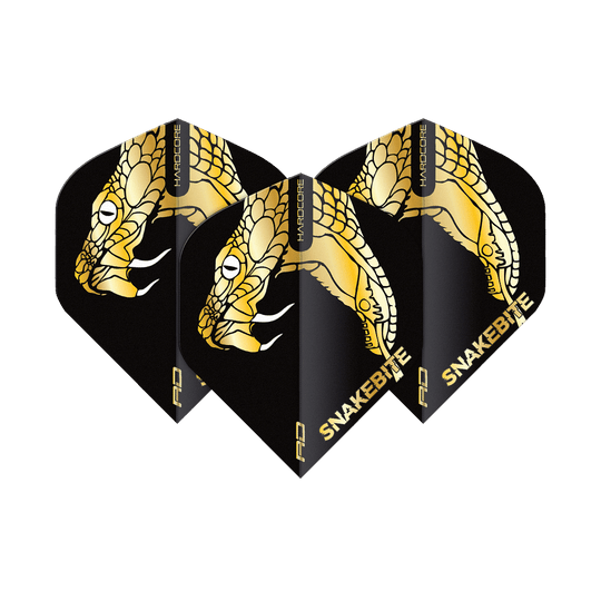 TF6837_Red_Dragon_Hardcore_Premium_Peter_Wright_Snakebite_Gold_Snake_Standard_Flights_1gNJjrSuf2frlq Das Bild zeigt drei schwarze Dart-Flights mit einem goldenen Schlangenkopf-Design. Auf den Flights steht das Wort "SNAKEBITE" in goldenen Buchstaben.