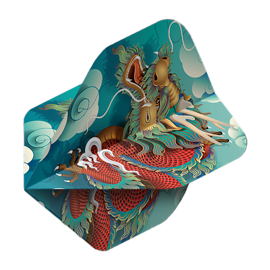 Lety do pětiboje Dragon Das Bild zeigt ein Dartflight mit einem farbenfrohen Drachenmotiv auf blauem Hintergrund. Es handelt sich um das Produkt "Pentathlon Dragon 5 Standard Flights".