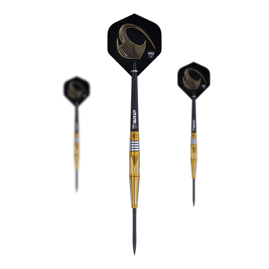 Bulls Stingray ST4 Steeldarts Das Bild zeigt drei Steeldarts des Modells "Bulls Stingray ST4". Die Darts haben goldene und schwarze Akzente sowie Flights mit einem goldenen Muster.