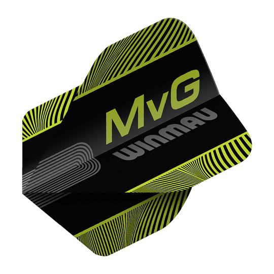 Abgebildet sind die Winmau Prism Delta MvG Black Green Text No2 Standard Flights. Diese Dart-Flights haben ein schwarzes und grünes Farbmuster mit Schriftzug.