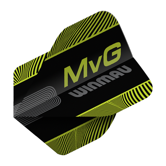 Winmau Prism Delta MvG Black Green Text No2 Standard Flights Abgebildet sind die Winmau Prism Delta MvG Black Green Text No2 Standard Flights. Diese Dart-Flights haben ein schwarzes und grünes Farbmuster mit Schriftzug.