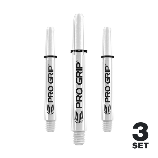 Das Bild zeigt drei weiße "Pro Grip" Shafts für Dartpfeile. In der unteren rechten Ecke steht "3 SET".