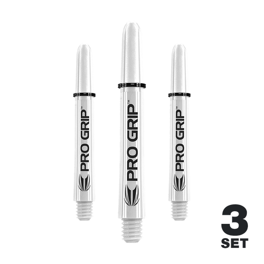Target Pro Grip Shafts - 3 Sets - White Das Bild zeigt drei weiße "Pro Grip" Shafts für Dartpfeile. In der unteren rechten Ecke steht "3 SET".