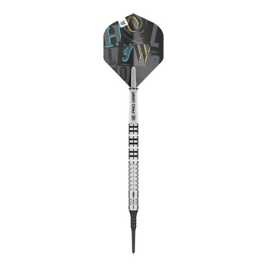 Target Chris Dobey GEN1 Softdarts - 19g Das Bild zeigt einen Target Chris Dobey GEN1 Softdart mit einem Gewicht von 19g. Der Dart hat ein silbernes Barrel mit Rillen und einen schwarzen Flight mit bunten Buchstaben.