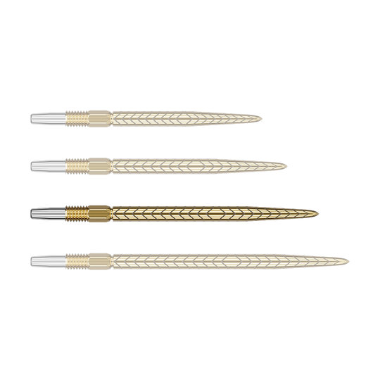 Target Swiss Point RVE Dartspitzen - Gold Auf dem Bild sind vier goldene Dartspitzen mit einem Muster zu sehen. Sie liegen parallel nebeneinander auf einem grünen Hintergrund.