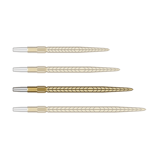 Target Swiss Point RVE dart tips - Gold Alle Dartspitzen sind goldfarben und werden einzeln nebeneinander gezeigt. Die Oberfläche der Spitzen wirkt glatt.