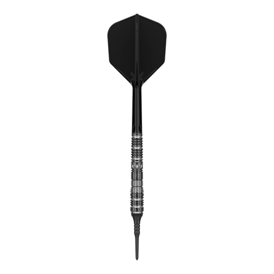 Dardos blandos Target Japan Black Marque Dragon 3 - 18 g Das Bild zeigt einen schwarzen Softdartpfeil mit auffälligem silbernen Griff. Es handelt sich um das Produkt „Target Japan Black Marque Dragon 3 Softdarts - 18g“.