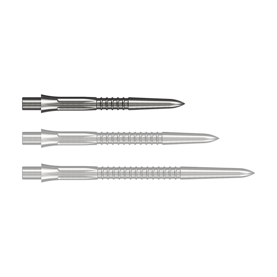 Puntas de dardos Mission Caliburn EVO GV1 - plateadas Das Bild zeigt Steeldartspitzen in Silber mit einer Länge von 26 mm. Einzelne Spitzen sind gut erkennbar dargestellt.