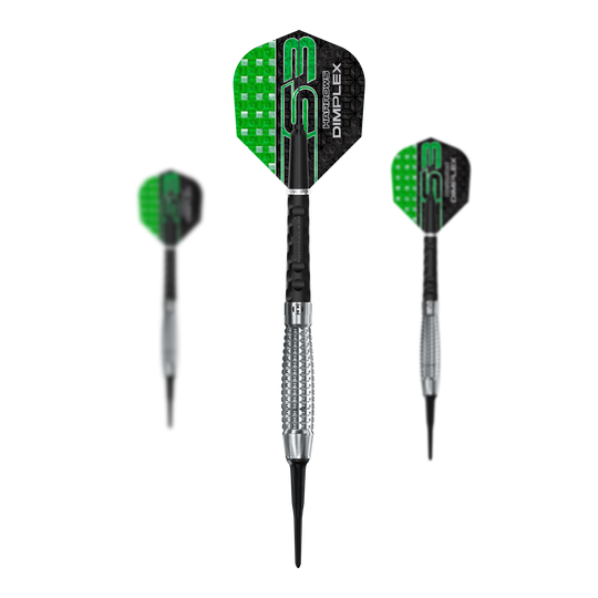Freccette morbide Harrows Dimplex S3 Bomb Das Bild zeigt drei Harrows Dimplex S3 Bomb Softdarts mit grün-schwarzen Flights. Die Dartpfeile haben silberne Griffbereiche und schwarze Spitzen.