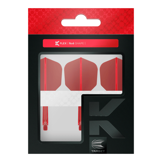 Système de vol Target K-Flex No6 - Rouge Das Bild zeigt eine Verpackung mit drei roten Dartflights und -shafts. Auf der Verpackung steht "K FLEX No6 SHAPE" und sie hat ein modernes Design mit Rot und Schwarz.