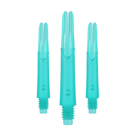 L-L-Style-Shafts Uzamčené rovné - Emerald Das Bild zeigt drei türkisfarbene Dartshafts aus Kunststoff in einer Reihe. Sie haben ein gerades Design und sind unten mit einem Gewinde versehen.