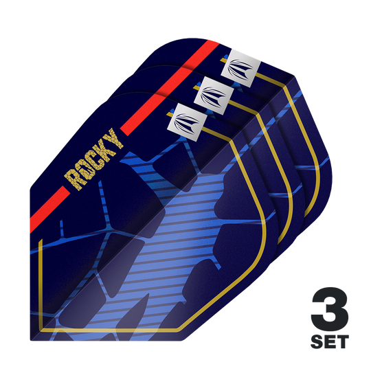 Letky Target Pro Ultra Josh Rock GEN1 č. 6 - 3 sady Das Bild zeigt drei Sätze der Target Pro Ultra Josh Rock GEN1 No6 Flights. Die Flights sind dunkelblau mit goldenen, roten und blauen Designelementen sowie dem Schriftzug "ROCKY".
