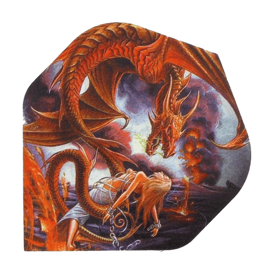 Forge d'Alchimie du Vésuve n°2 Vols Standard Auf dem Bild ist ein roter Drache zu sehen, der Feuer speit. Vor ihm kniet eine gefesselte Frau, während im Hintergrund Lava und Rauch aufsteigen.