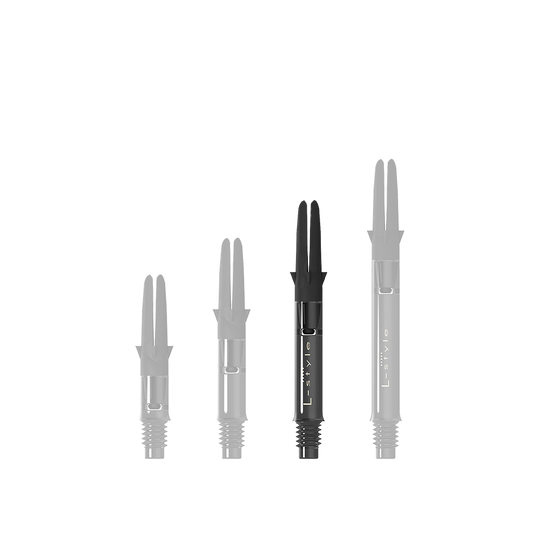 L-Style L-Shaft Carbon Silent Straight - Schwarz 260 Auf dem Bild sind drei schwarze Carbon-Shafts für Dartpfeile in unterschiedlichen Längen zu sehen. Sie stehen nebeneinander aufrecht aufrecht und besitzen alle denselben Aufbau.