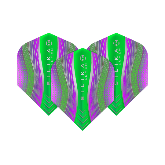 HF5125_Harrows_Silikia_Lumen_Purple_Green_No6_Flights_1yJ34B48Q5pQhO Das Bild zeigt drei Harrows Silika Lumen Purple Green No6 Flights. Die Flights sind in leuchtenden Grün- und Lilatönen mit modernen Mustern gestaltet.